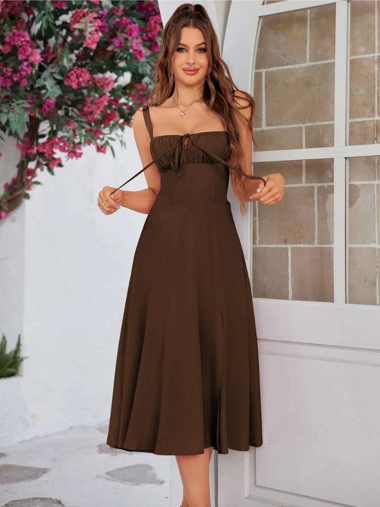 Ruched Bodice Split Thigh Cami Dress