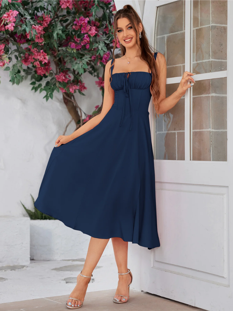 Ruched Bodice Split Thigh Cami Dress