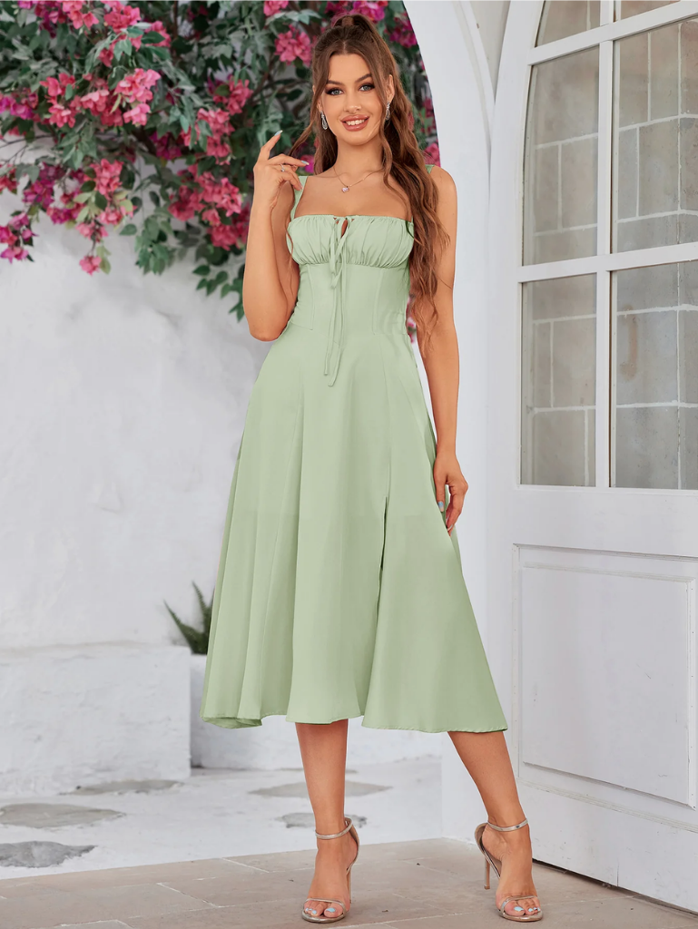 Ruched Bodice Split Thigh Cami Dress