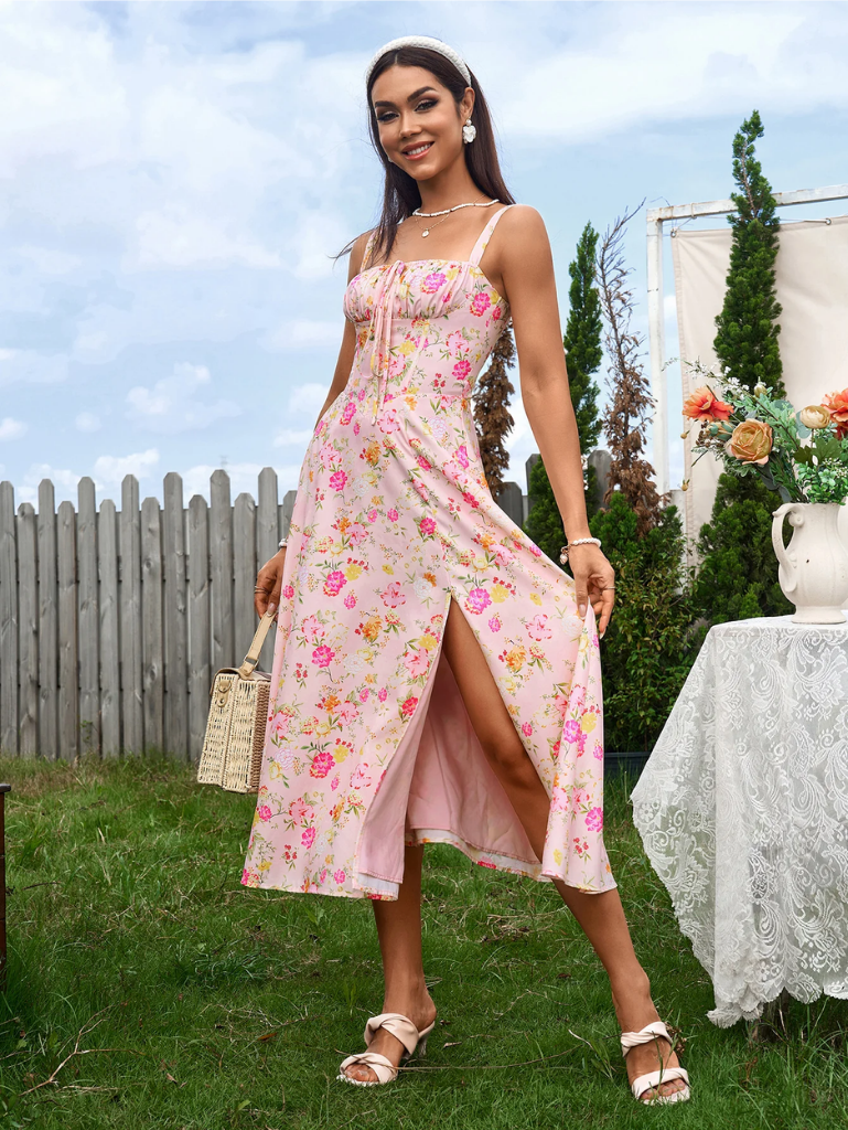 Ruched Bodice Split Thigh Cami Dress