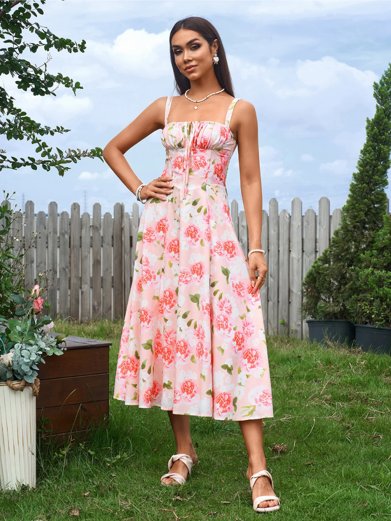 Ruched Bodice Split Thigh Cami Dress